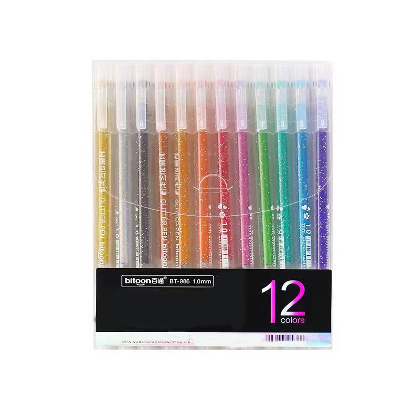 TEMU 12-color Glitter Gel Pens: & School Set With Quicksand & Fluorescent Pens - 12pcs-set