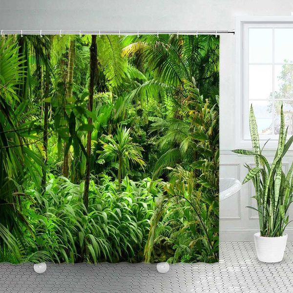 green tropical jungle plants shower curtain palm tree forest monstera leaves nature scenery print M240824