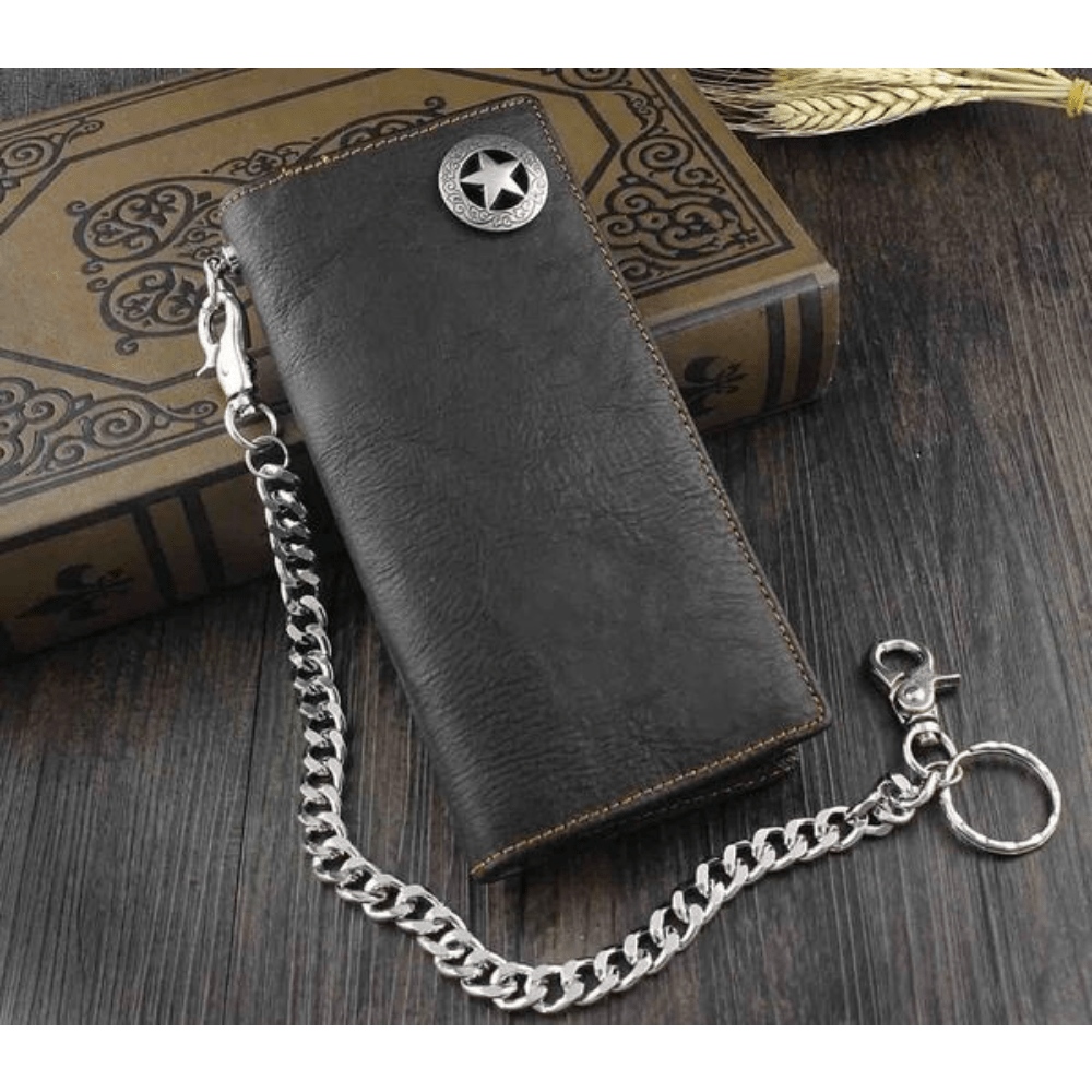 TEMU Vintage Biker Rock 's Leather Wallet With Detachable Chain - Multi-card Holder, Compact 7.28"x3.54" Design, Black - Ideal Gift For Men, Travel