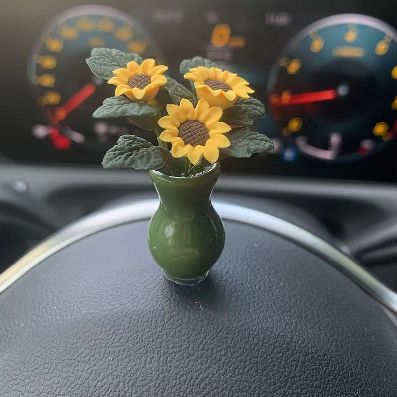 TEMU 1pc Car Interior Resin-ceramic Mini Dark Green Sunflower Vase Car Center Console Rearview Mirror Vintage Decor Car Accessories Woman's Gift