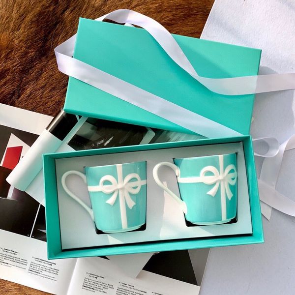 Designer Blue Mug Bone Porcelain Pair Bowknot Coffee Box Business Gift Water Cup