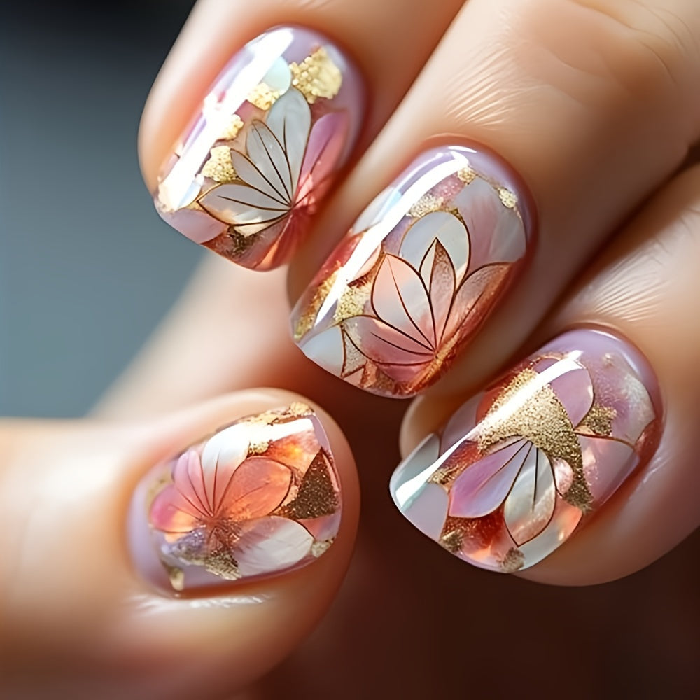 TEMU 24 Pcs Pink Floral Glossy Square Short Press-on Nails With Golden Glitter Highlights - Reusable False Nail Set For Women
