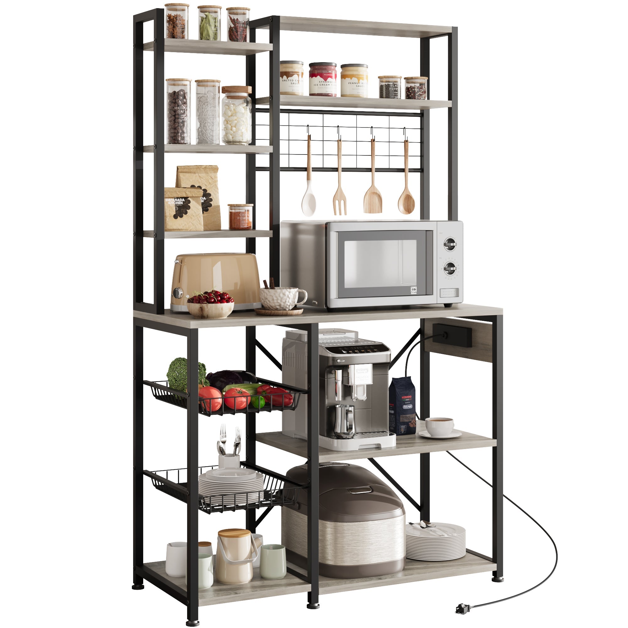Garvee Bakers Rack with Power Outlet, Industrial Microwave Stand with 2 Wire Drawer, Large Coffee Bar Station, 7-Tier Kitchen Bakers Rack with Storage