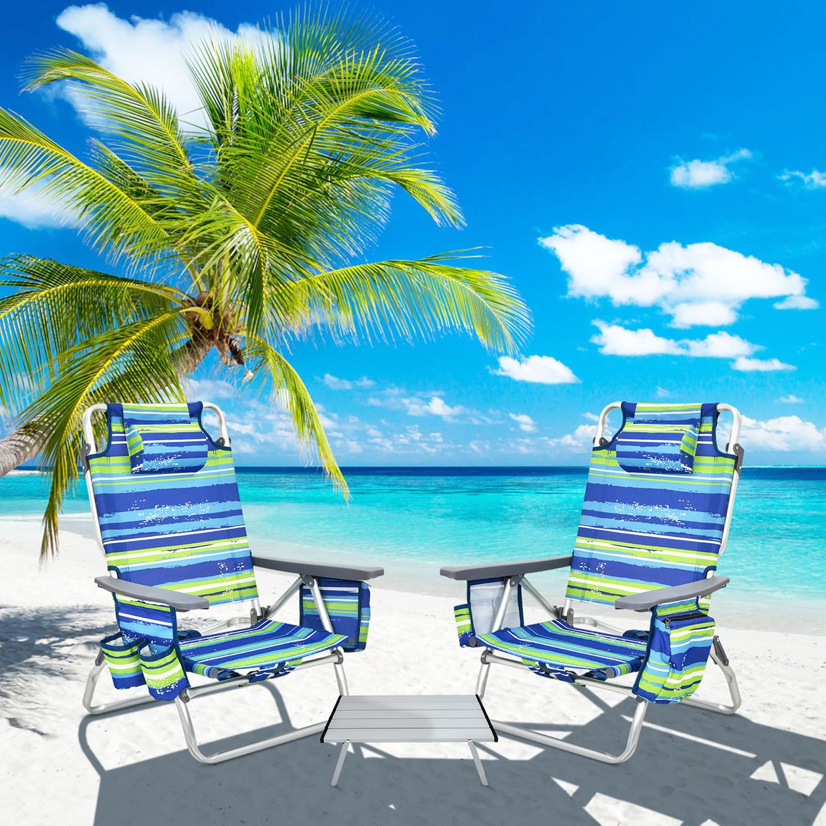 Adjustable Folding Backpack Beach Chairs and Table Set  - Beach Set-Green/Blue Stripes