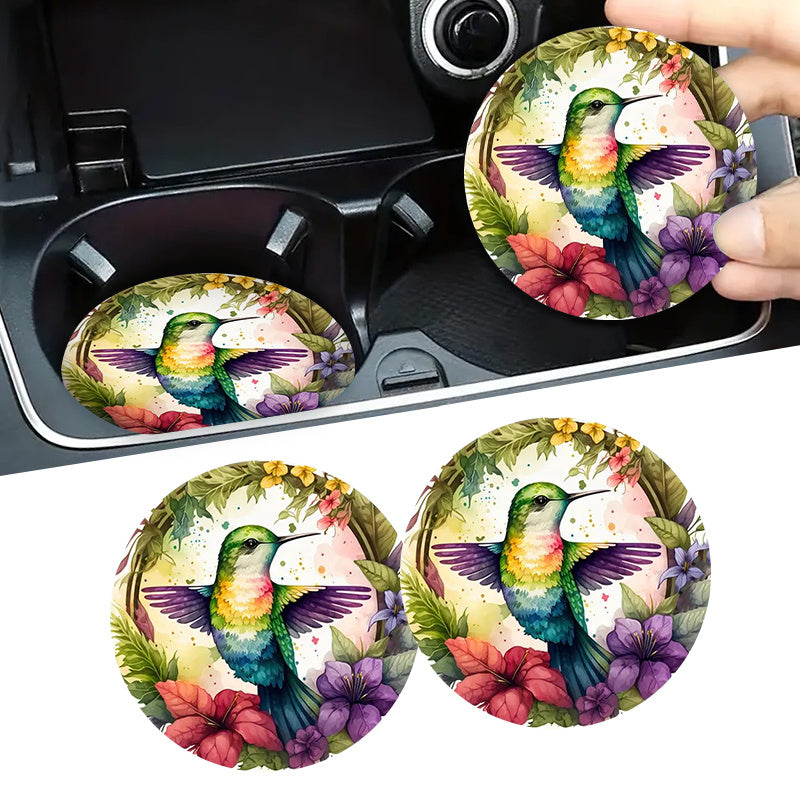 TEMU 2pcs Hummingbird Car Coasters, Wreath Hummingbird Car Non-slip Drink Cup Mat, Car Cup Holders Pu Coaster