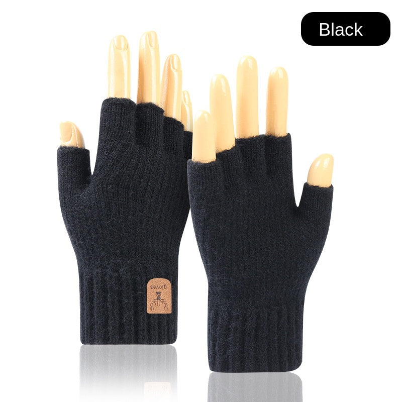 TEMU Solid Color Cashmere Warm Gloves Short Half Finger Stretch Knitted Gloves Winter Coldproof Convenient Writing Texting Gloves