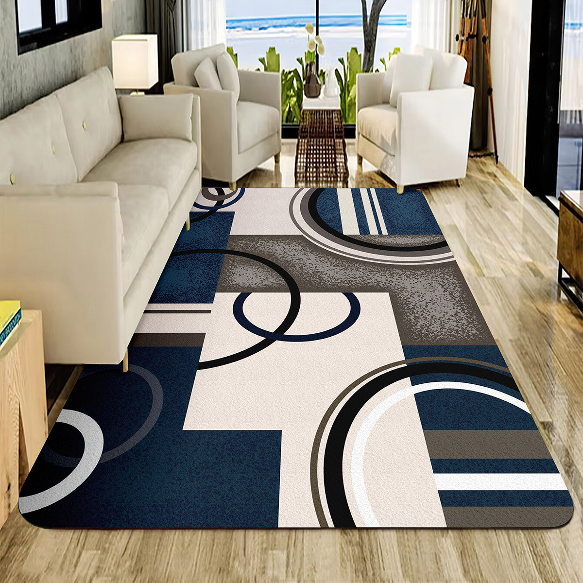 TEMU Chic Blue Geometric Non-slip Floor Mat - Living Room, Bedroom, And Kitchen Decor | Machine Washable Polyester Rug