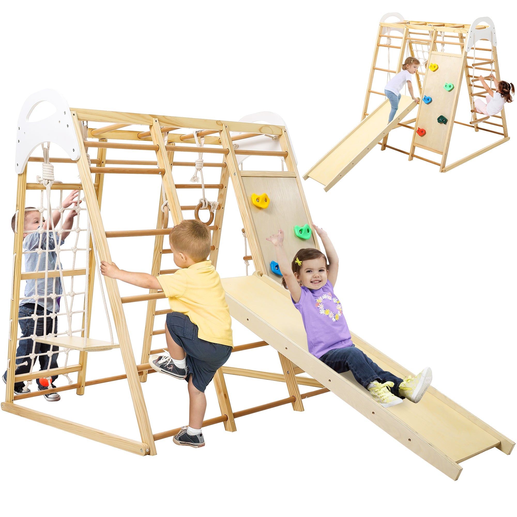 Garvee Jungle Gym for Toddlers - 8 in 1 Wooden Gym Playset with Swing, Monkey Bar, Rings, Climbing Structure for Indoor Climbing and Sliding Fun