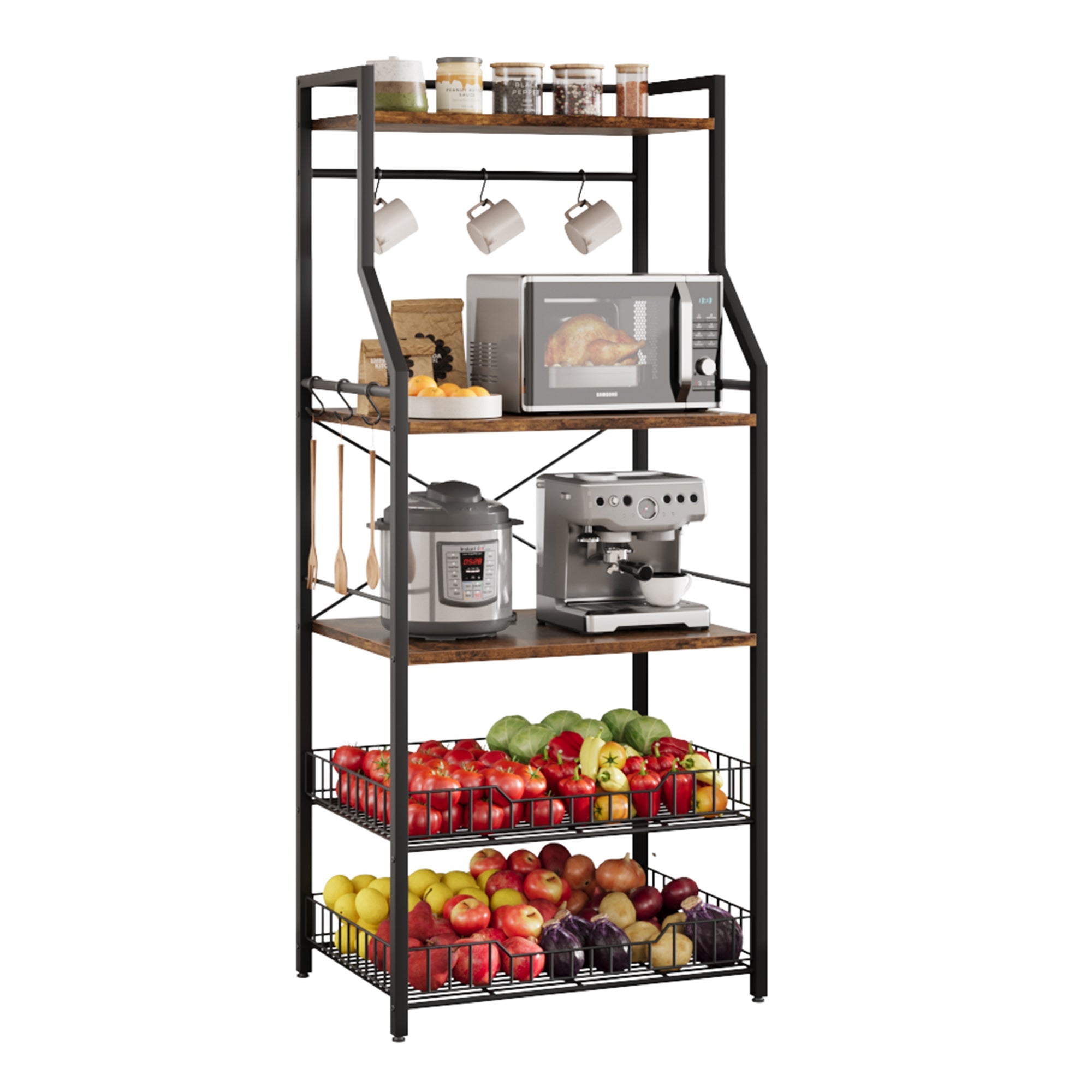 Garvee Kitchen Bakers Rack with Microwave Stand, 2 Large Wire Baskets, Industrial Coffee Bar Station with MDF Board, 5-Tier Storage Shelf, 8 Hooks for