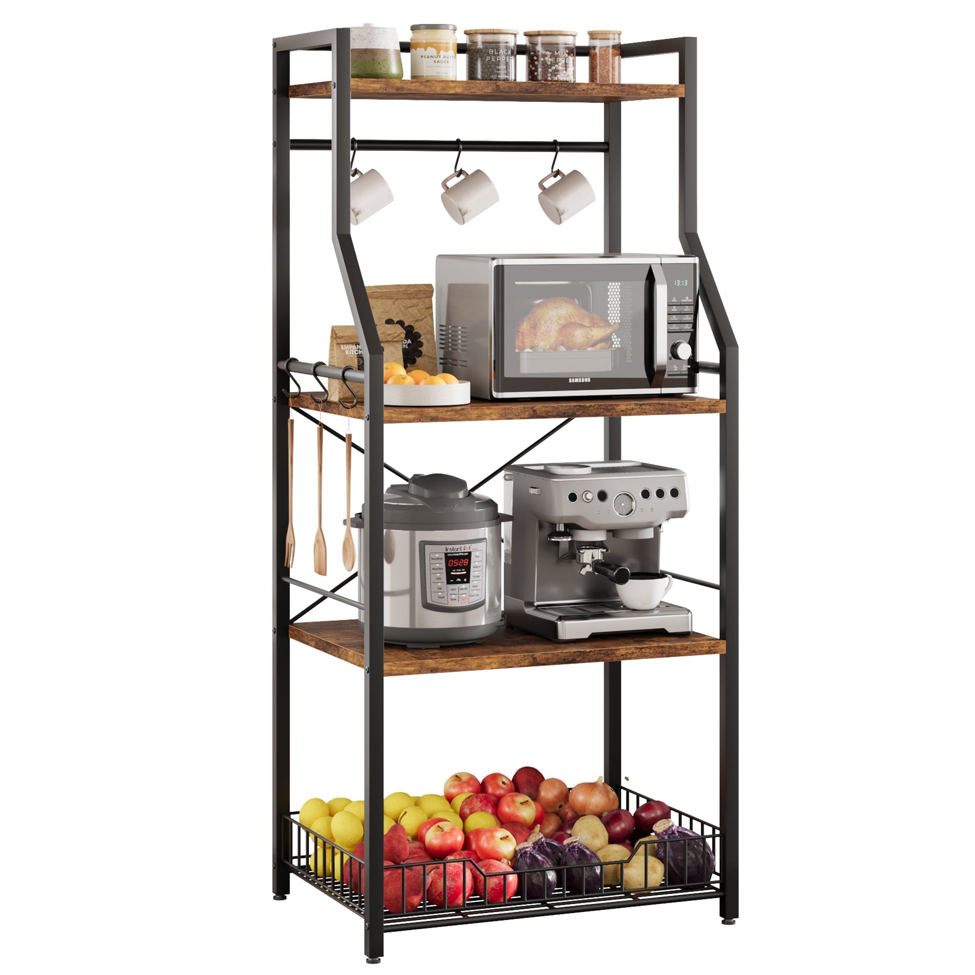 Garvee Kitchen Bakers Rack, Microwave Oven Stand with Large Wire Basket, Industrial Coffee Bar Station, 4-Tier Kitchen Utility Storage Shelf with 8 Ho