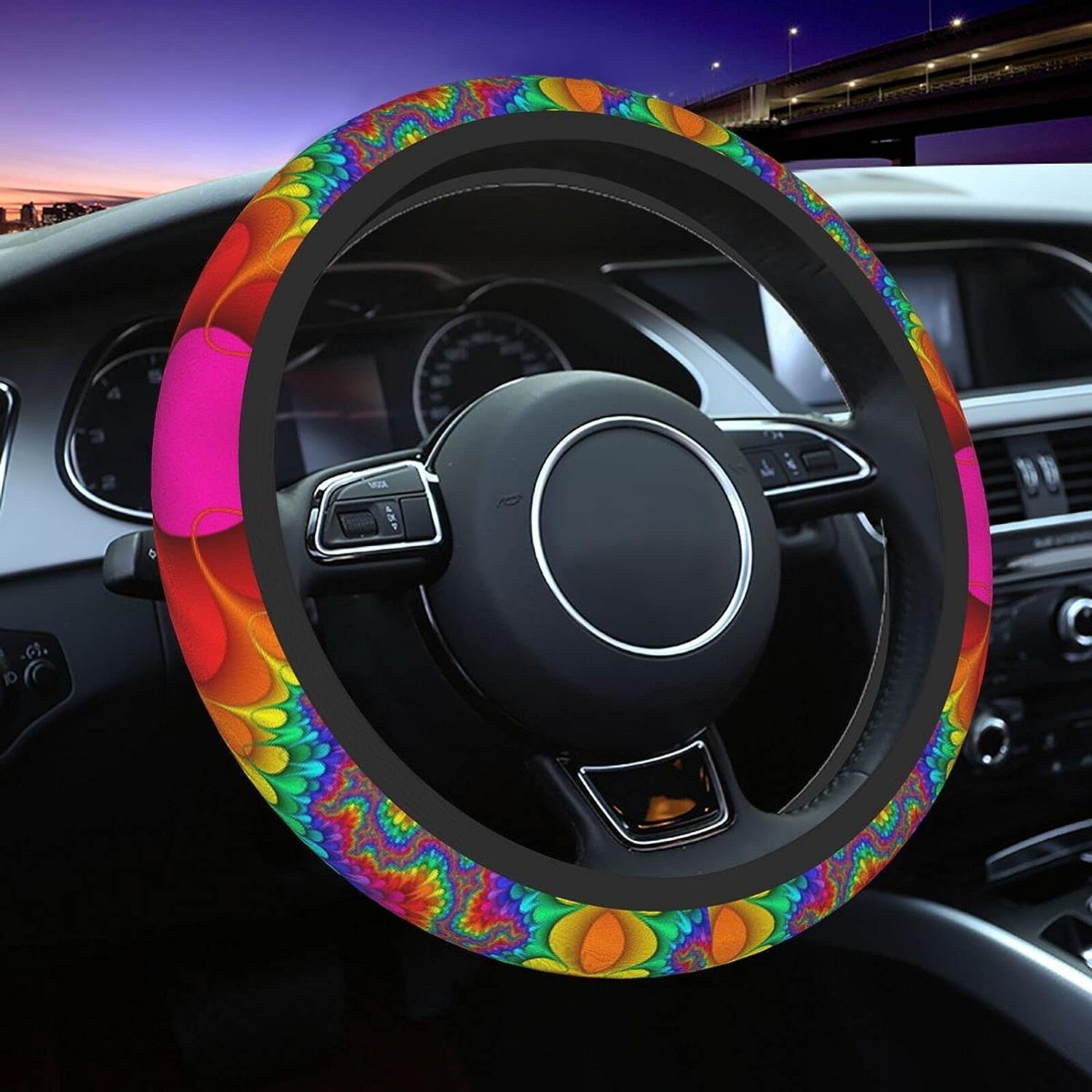 TEMU 1pc -dye Steering Wheel Cover - Anti-slip Elastic Car Accessory, 15 Inch, Vibrant Multicolor Design, Durable & Easy To Clean, Fit For Cars &