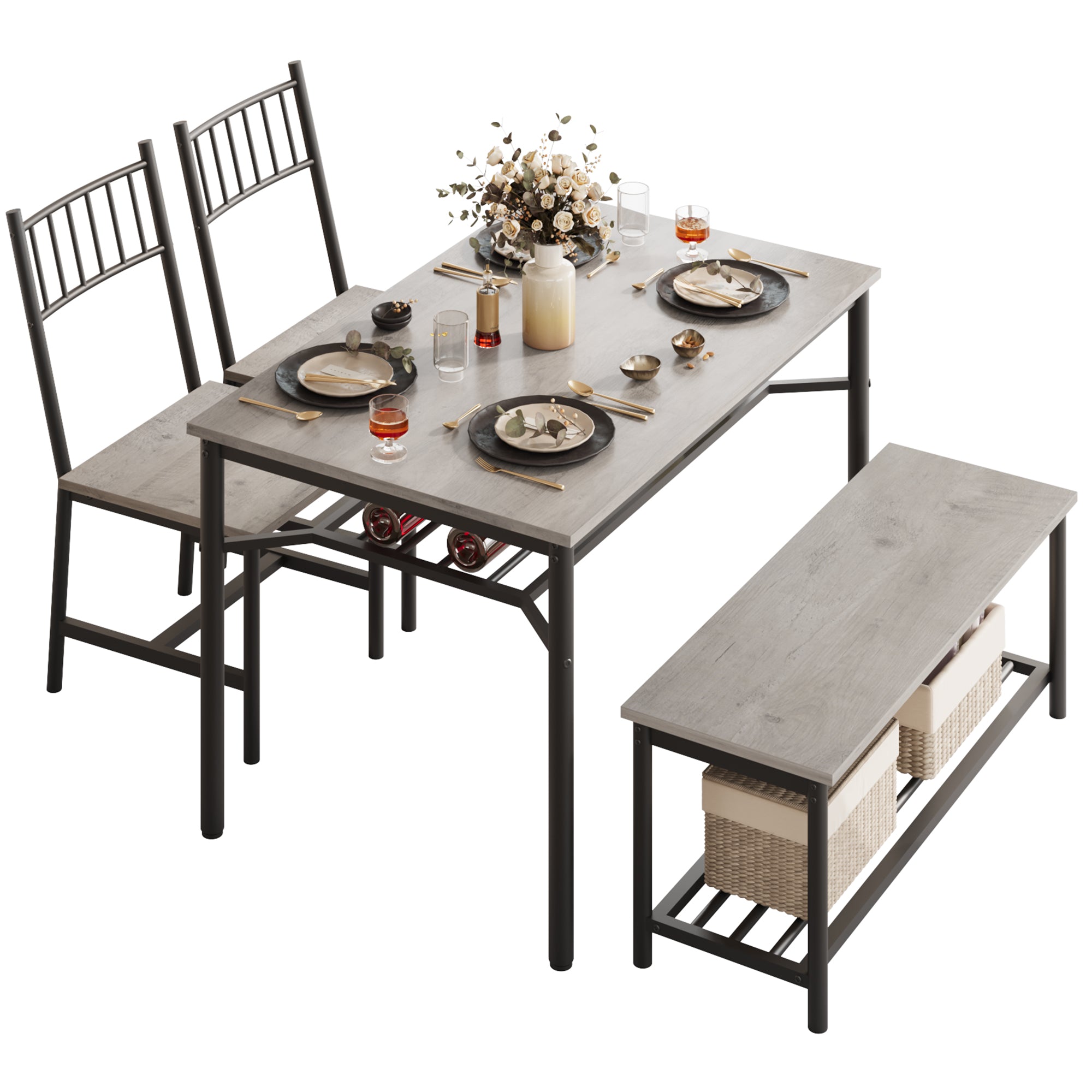 Garvee Dining Table Set for 4 with Bench and 2 Chairs, Rectangular Kitchen Table Set with Wine Rack, Dining Room Table Set for 4 with Storage Benches 