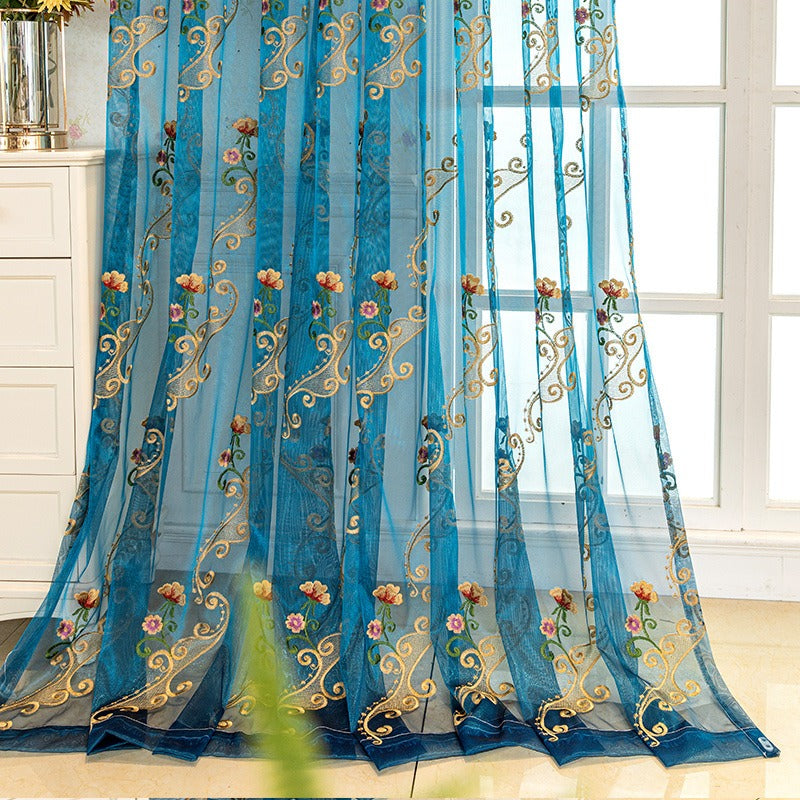TEMU Elegant Blue Embroidered Sheer Curtain - Light Filtering Lace Drapery With Vintage For Living Room, Bedroom, And Dining Decor