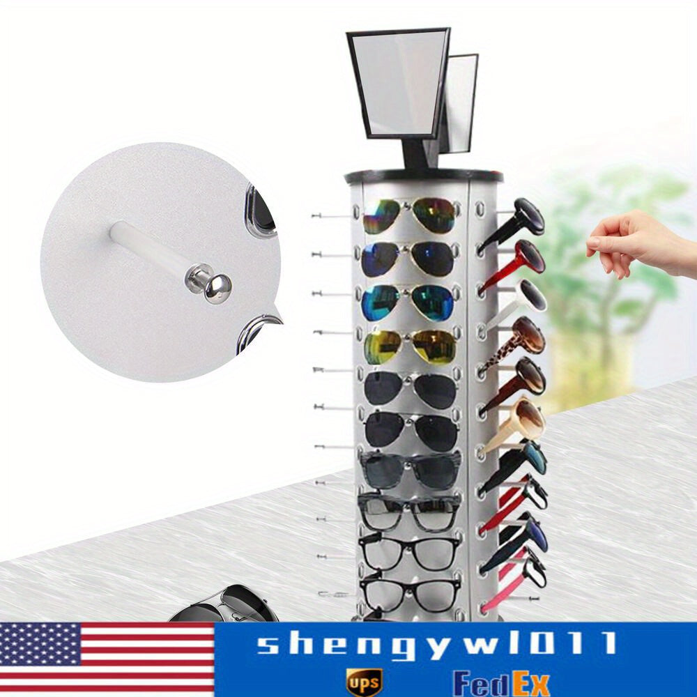 TEMU Rotating Display Rack For Store, 44 Pairs Glass Holder, Freestanding W- Mirror Eyeglasses Stand, Commercial Eyewear Organizer (round)