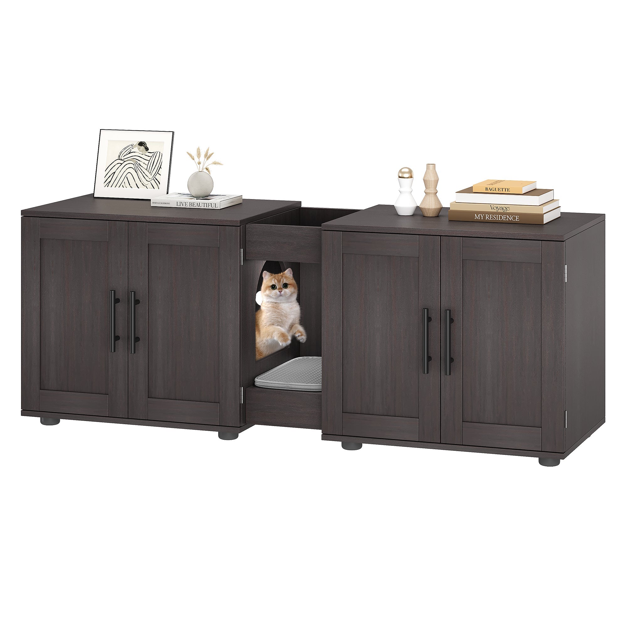 Garvee Double Room Litter Box Cabinet | Hidden Wooden Cat House Furniture for 2 Cats with Storage Groove & Odor-Reducing Mat, 55"L x 17.7"W x 22.5"H
