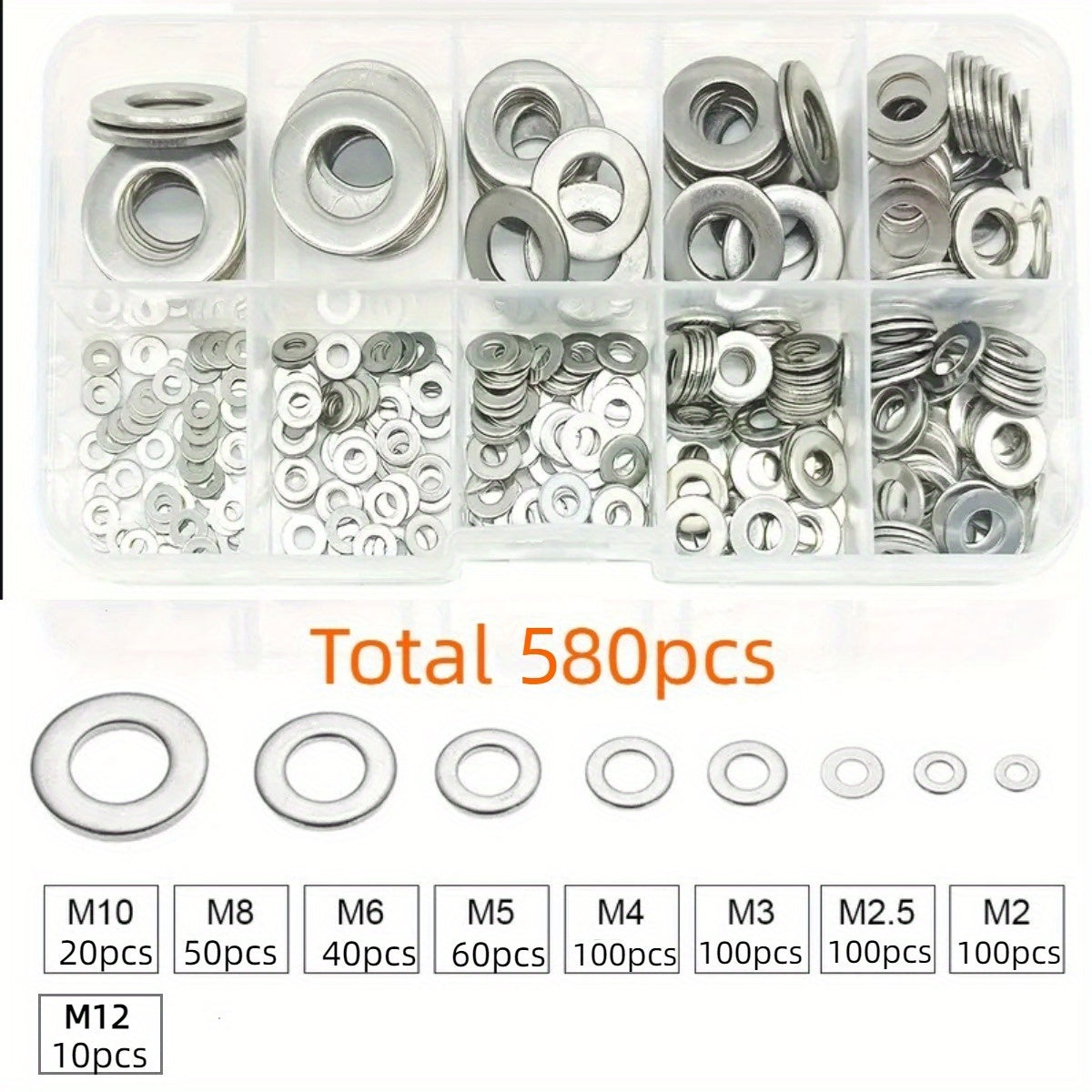 TEMU 80-580pcs Stainless Steel Flat Washers Assortment Kit (m2 M2.5 M3 M4 M5 M6 M8 M10) Suitable For Home Decoration, Repair, Kitchens, Shops And