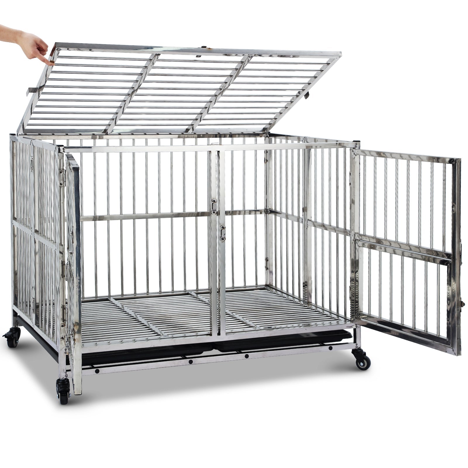 Garvee 48" Heavy Duty Dog Crate Cage Kennel with Wheels, Full Stainless Steel High Anxiety Indestructible Dog Crate, Sturdy Locks Design, Double Door 
