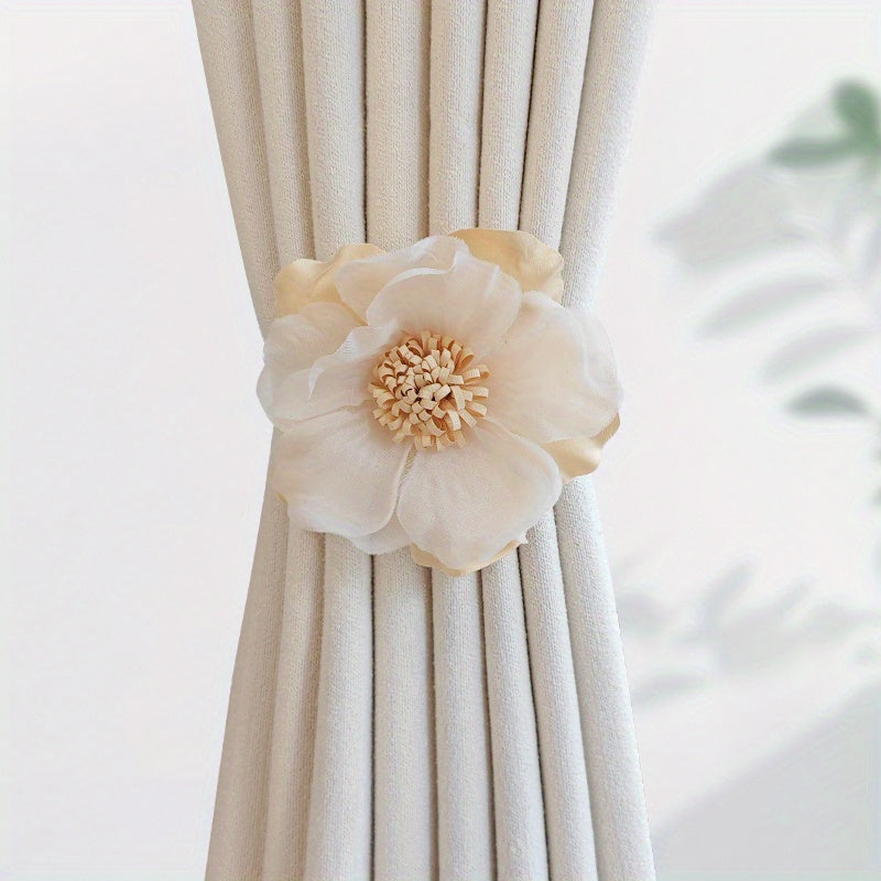 TEMU 1pc Magnetic Curtain Tieback With Elegant 3d - Cream, Blue, Pink Fabric Flower Holdbacks For Bedroom, Living Room, Kitchen Home Decor, Curtains