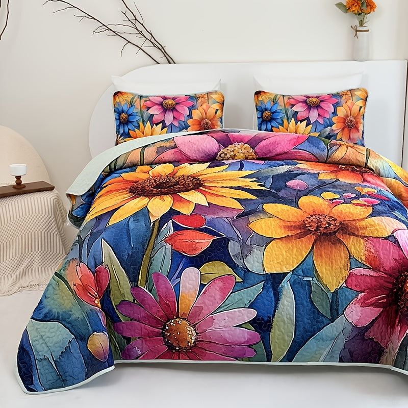 TEMU 2-3pcs Colorful Sunflower Flowers And Plants Quilted Quilt, 1pc Quilted Quilt+ 1-2pcs Pillowcases, Soft Breathable Comfortable Portability