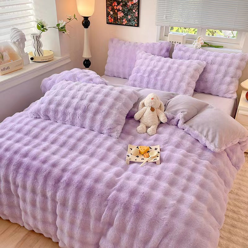 Puffy Comfort Thickened Faux Rabbit Fur Bed Sheet Set, Purple - Pillowcase(1 pc)