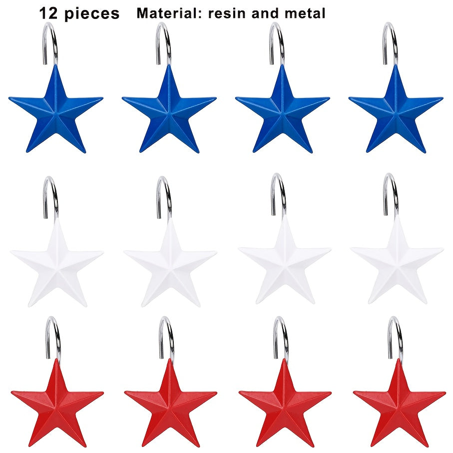 TEMU 12pcs Patriotic Red White & Bath Curtain Hooks - Durable Waterproof Bathroom Decor With Secure Metal Loops For , Memorial Day, - Decorative