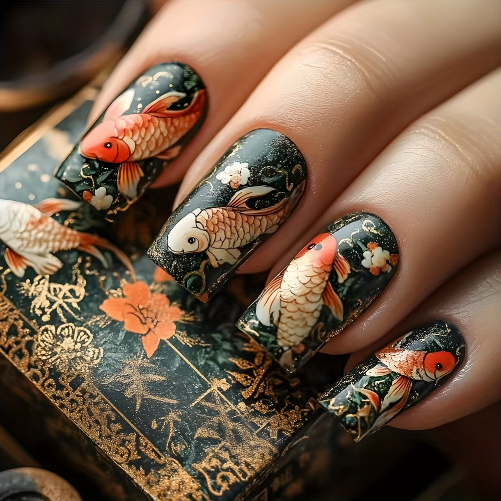 TEMU 24pcs Glossy Long Squoval Press On Nails Fish Pattern Fake Nails With Reusable False Nails For Women And Girls