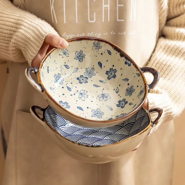 Cutlery set, 7.5 inch Japanese household noodle ceramic soup bowl with handle, salad, pasta bowl, kitchen utensils, microwave oven, baked go