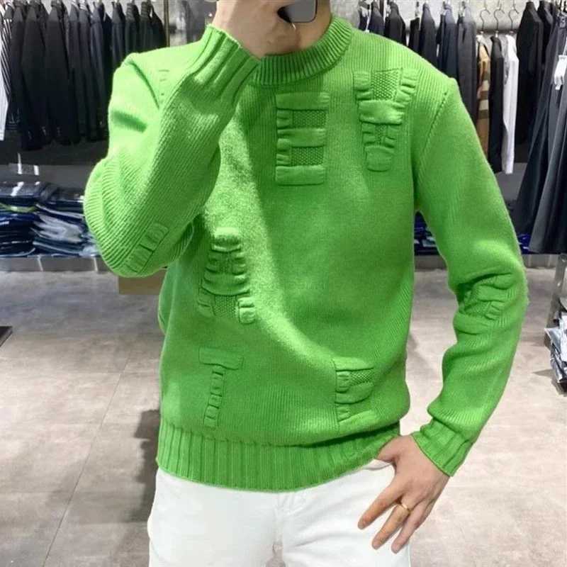 Man Clothes Letter Solid Color Round Collar Knitted Sweaters for Men Plain Green Crewneck Pullovers S Heated Jumpers Maletry A X Z240912