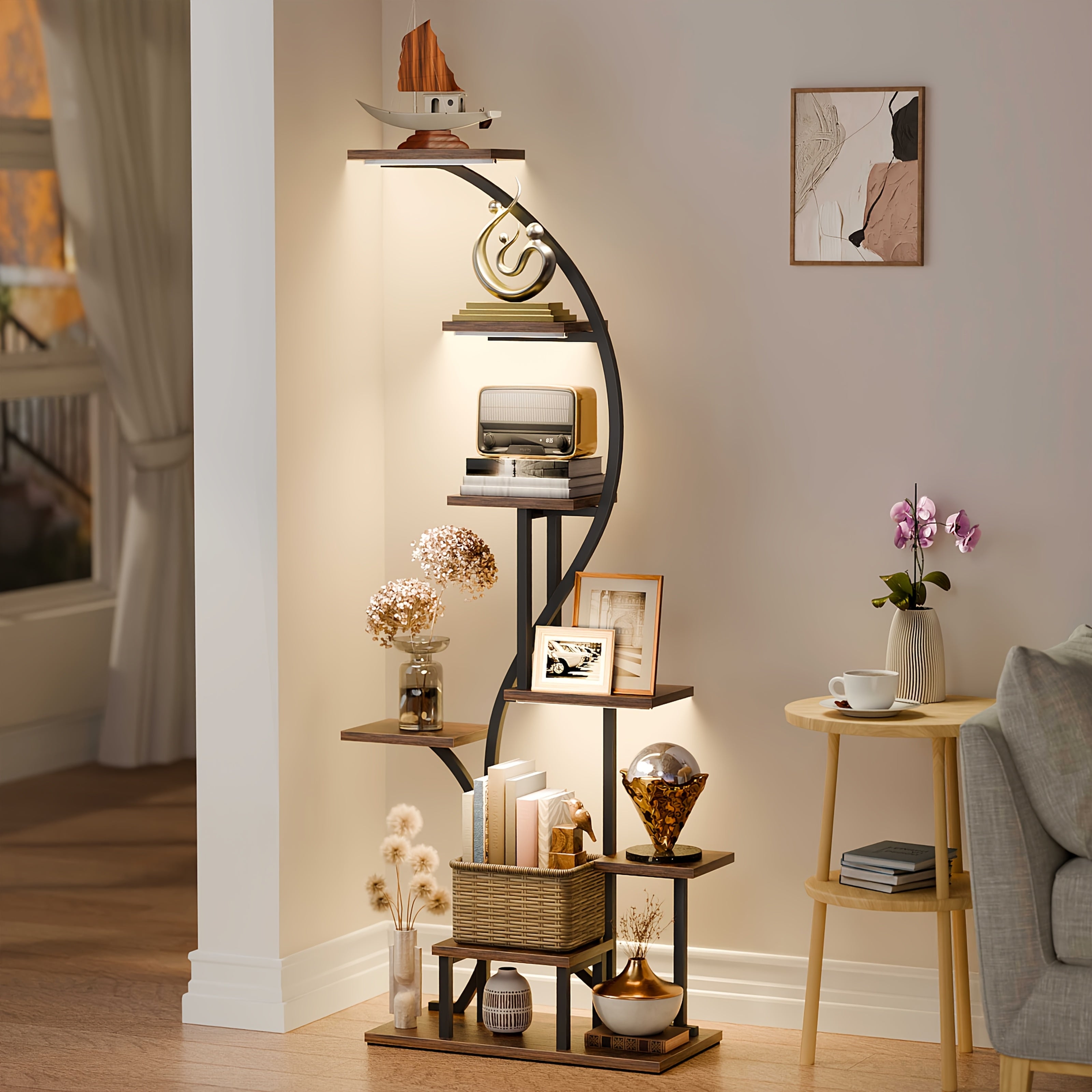 TEMU 8 Tier Magazine Holders With Light, 65" Tall Display Shelves, Led Corner Bookshelf Display Cabinet Cases For Collectibles, Large Metal Plant