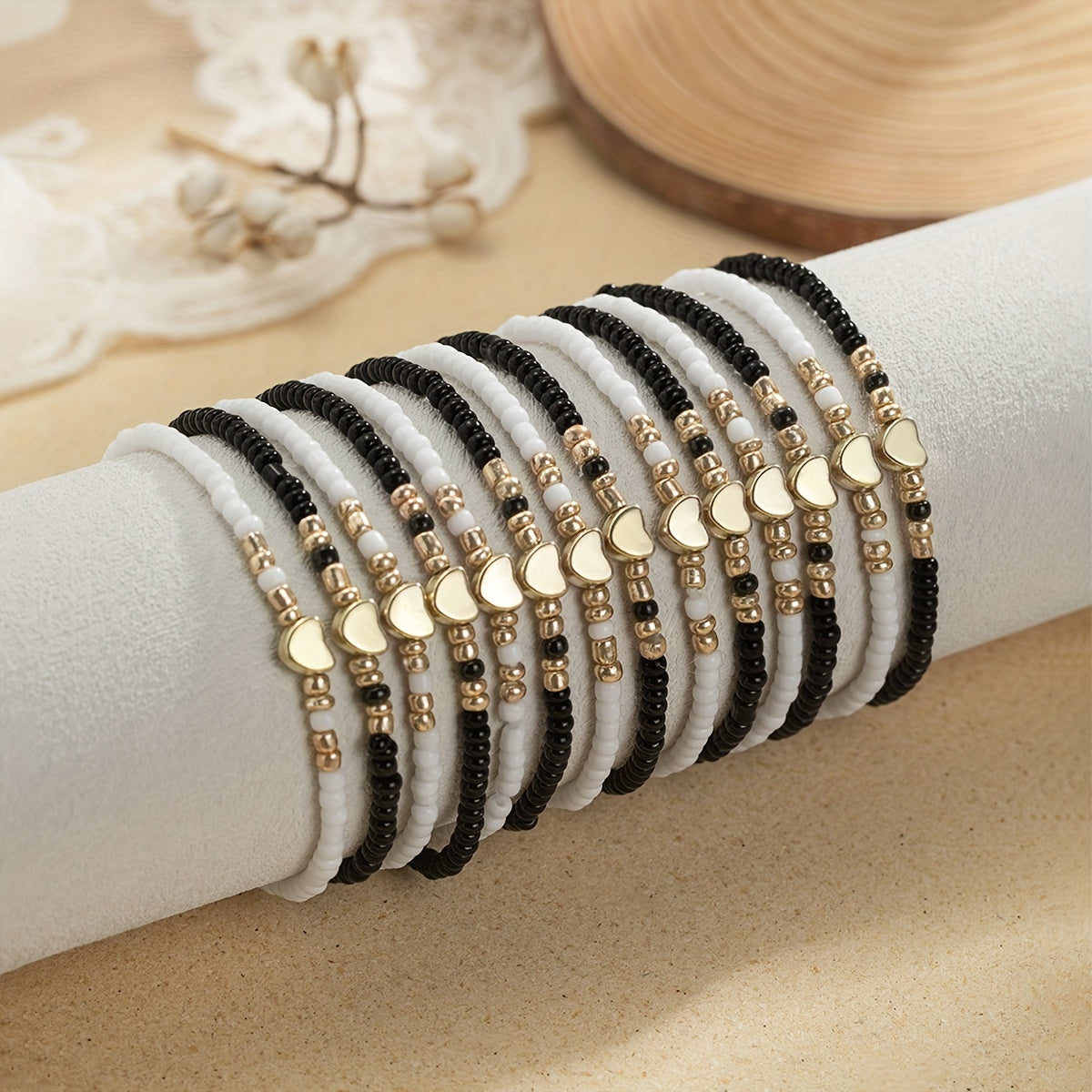TEMU 14pcs Bohemian Style Black And Beads Love Layered Fashionable Women's Beaded Bracelet Suitable For Gift And Casual Attire