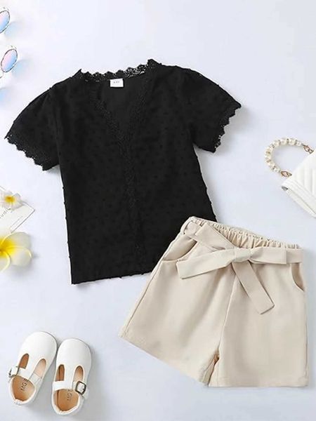 oddler Girl Clothes Outfits3Pcs summer Girl Clothes Long Sleeve Top Elastic Waist Pants Set Lace Up Top Shorts Belt 3-Piece Z250110