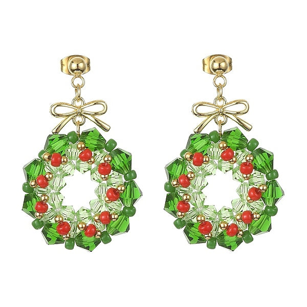 Boucles d'oreilles pendantes en verre avec couronne de Noël