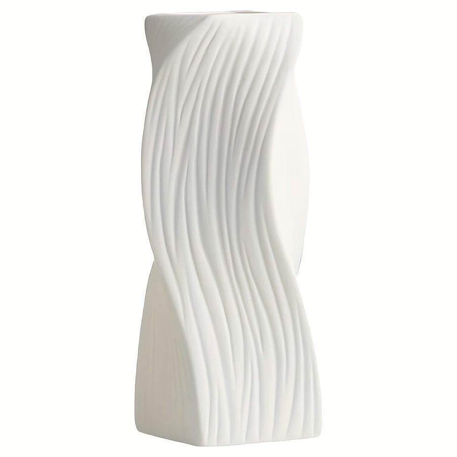 TEMU 1pc Striped Square Cylinder Plastic Decorative Vase, Matte Pampas Anti-tip Bohemian Flower Pot For Décor – Perfect Tabletop Accent In Living