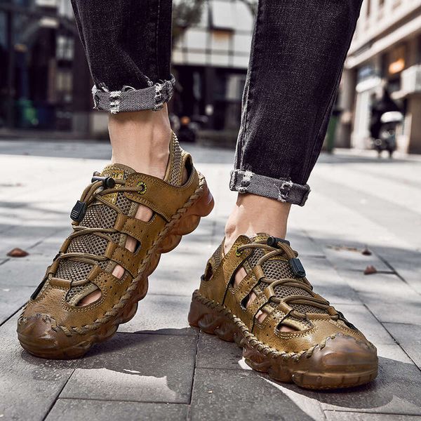 Summer Baotou Men&#039;s Hollow Breathable Leisure Mesh Shoes Handsewn Large Outdoor Beach Sandals for Men 7