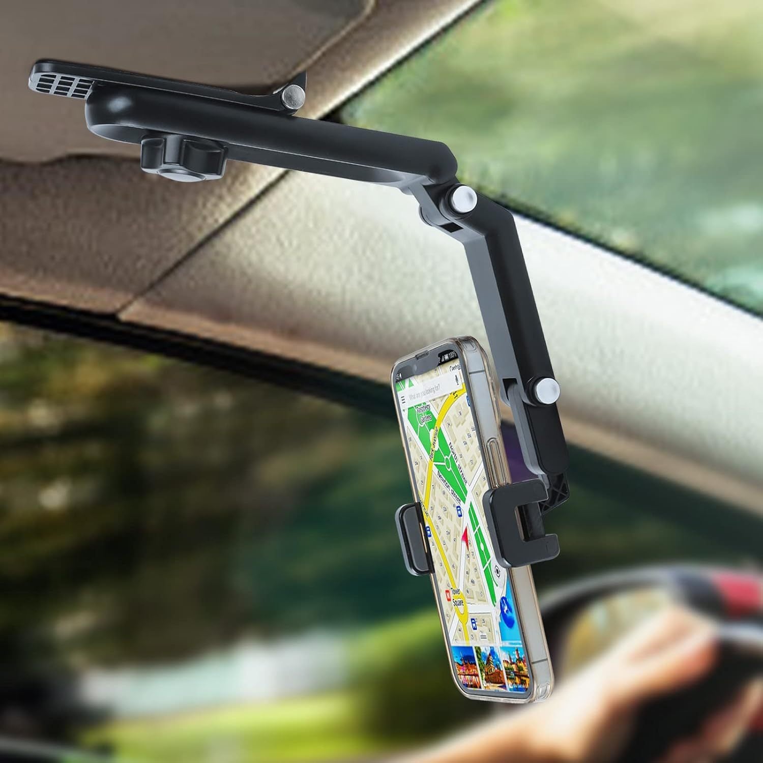 TEMU 360° Rotatable Car Sun Visor Phone Holder - Adjustable Arm, Clamp Mechanism For Iphone, For & Other Smartphones - Durable Plastic, , No Battery