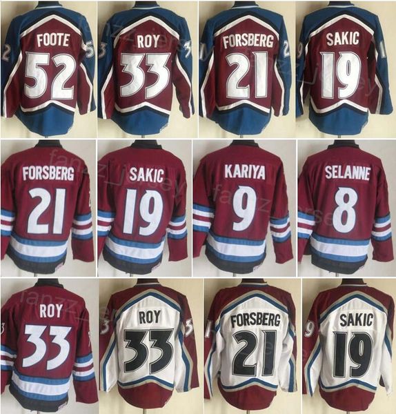 Man Vintage Hockey 33 Patrick Roy Jersey Retro 8 Teemu Selanne 9 Paul Kariya 52 Adam Foote 21 Peter Forsberg 19 Joe Sakic Classic CCM Embroi