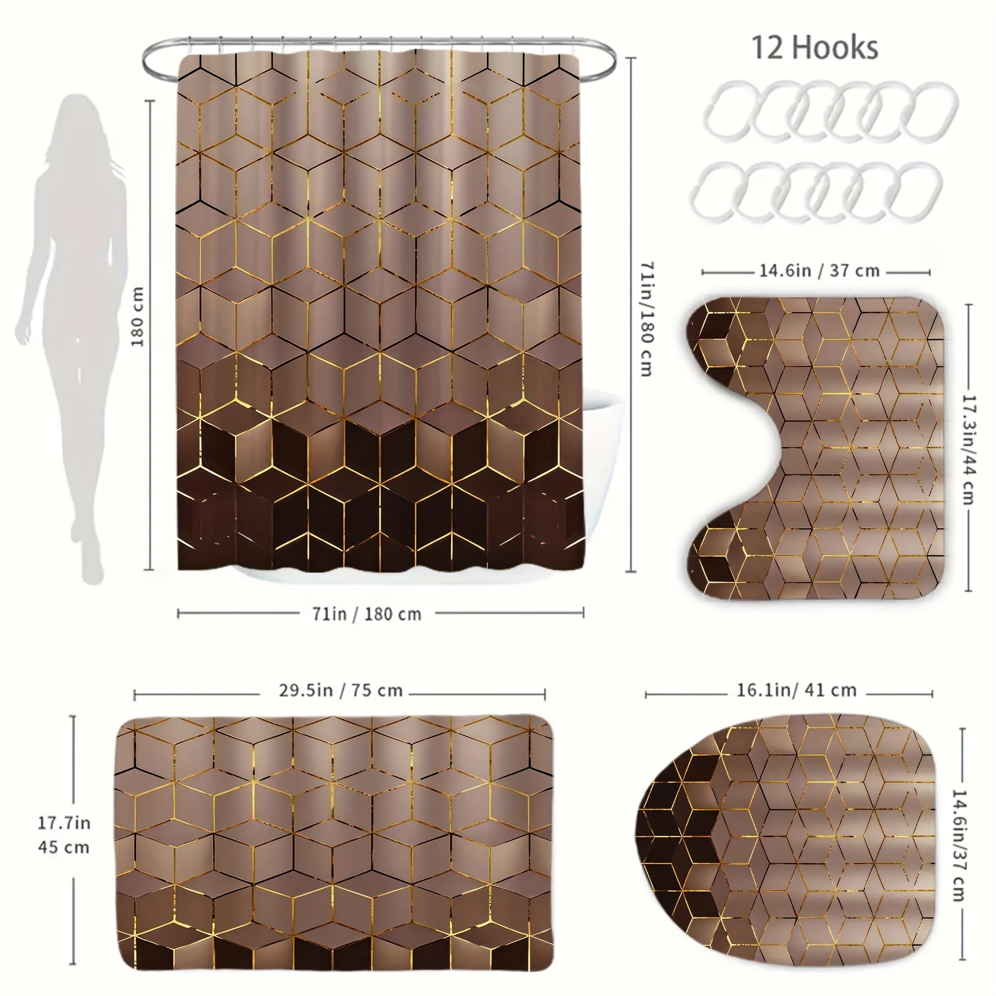 TEMU 1-4pcs Pattern Shower Curtain Set - Exquisite Housewarming Gift! Includes 12 Hooks, Non-slip Bathroom Mat, Toilet U-shaped Pad, Toilet Seat