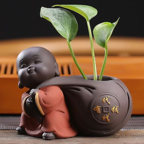 Lucky and Cute Little Monk Purple Clay Tea Pet Home Decoration Mini Aquatic Plants Flower Vase 250210