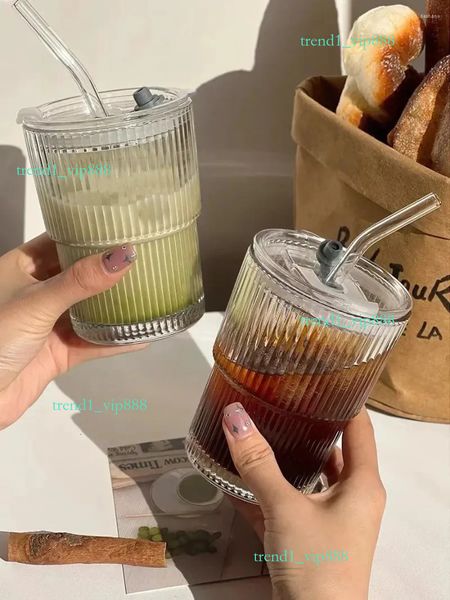 Water Bottles cup 400ml Stripe Glass cups Transparent Glasses With Lid And Straw Ice Coffee Mug Tea Literary sense cups with lid and straw 4