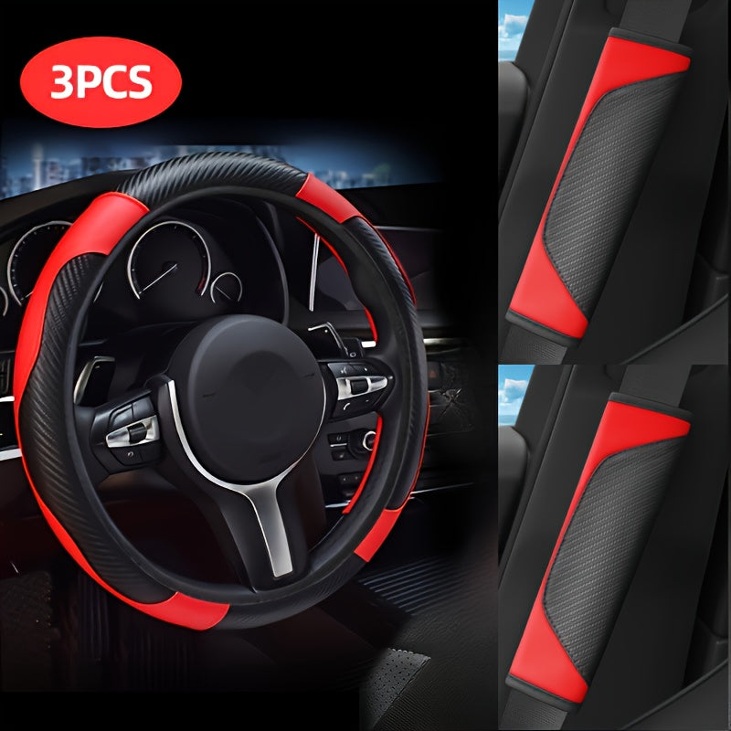 TEMU 3pcs Steering Wheel Cover With Seat Belt Shoulder Pad Set - Carbon Fiber Texture Design - Interior Decoration Set