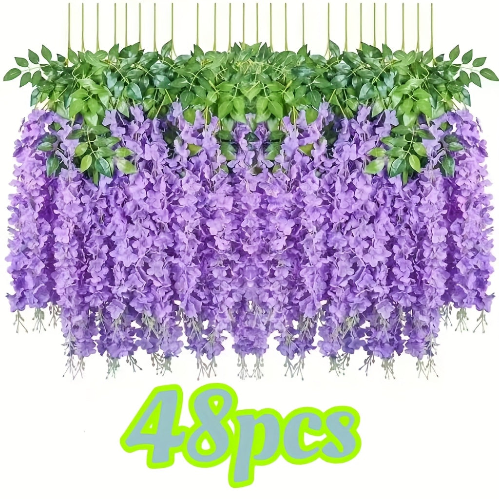 TEMU 48pcs Of Artificial Wisteria Flower Garlands, Artificial Wisteria Vine Strips, Rattan Flower Strings, Wedding Party Wall Decorations, Purple