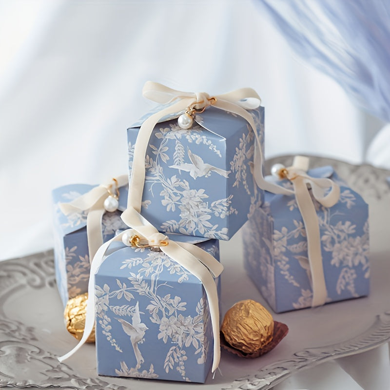 TEMU 20pcs Elegant Floral Wedding Favor Boxes With Velvet Ribbon & Pearl Accents - Design, 2.75x2.75x2.75 Inches, Candy, Chocolates, And Party Gifts,