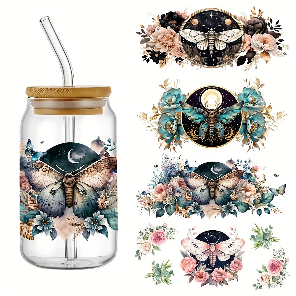 TEMU 4pcs-set Moth With Flowers Uv Dtf Cup Wraps Decals Printing Waterproof Self-adhesive Stickers Dtf Transfer Sticker For 16 Oz Glass Can Wrap, 3d
