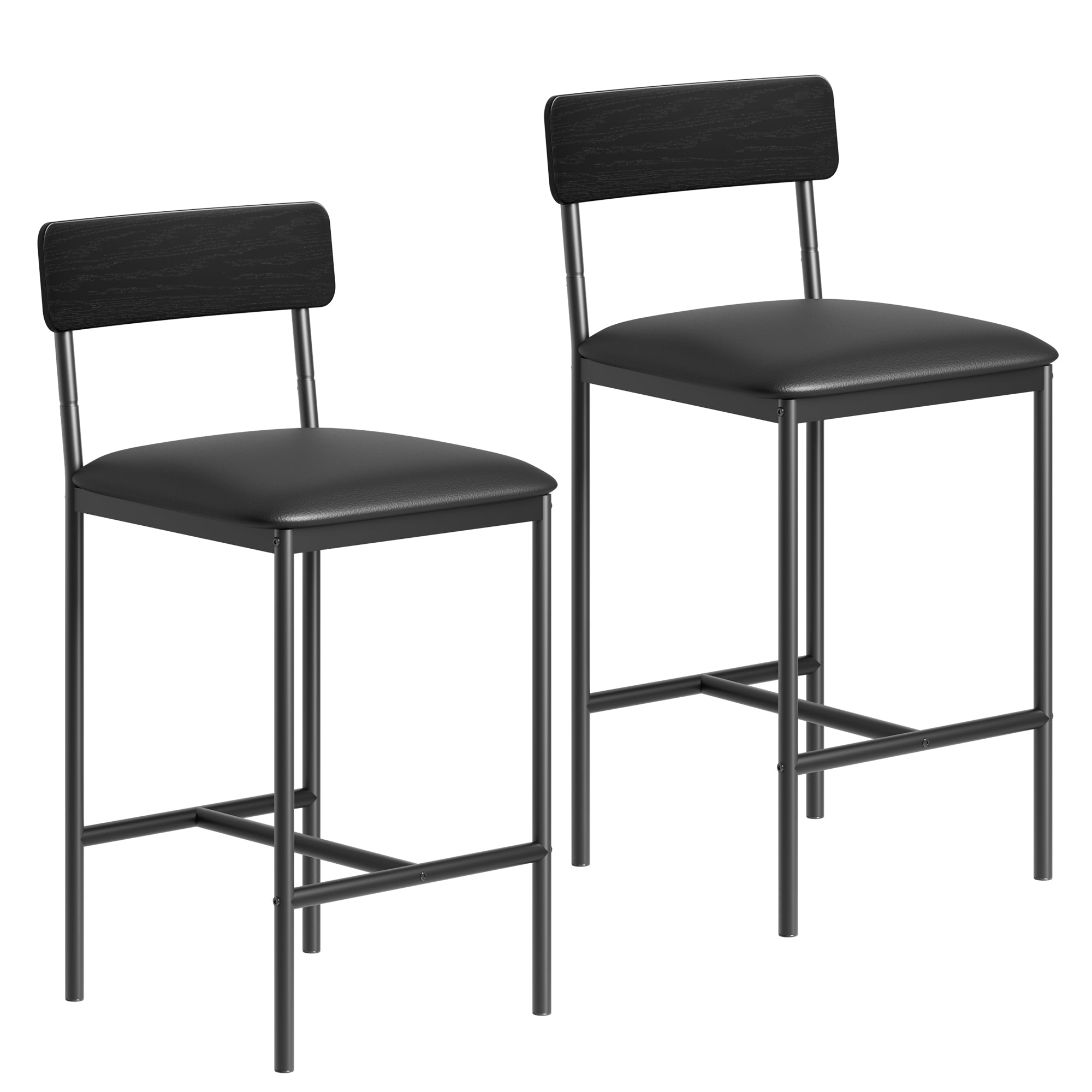 Garvee Bar Stools Set of 2 with Footrest, PU Upholstered Chairs, Metal Frame, Easy Assembly, for Kitchen Island Dining Room, Black