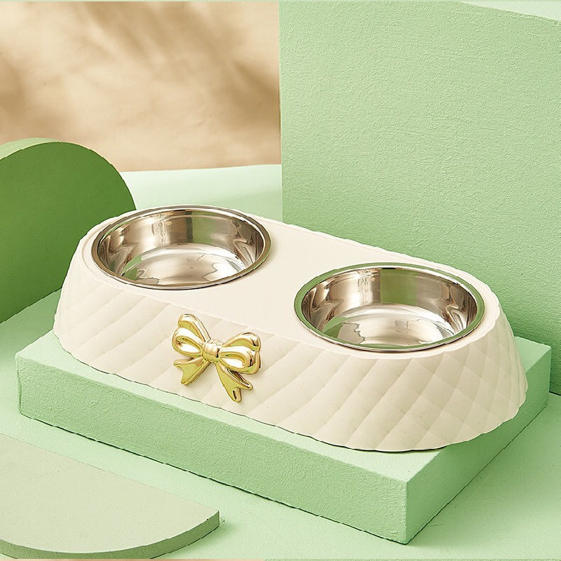 TEMU 1pc Durable Stainless Steel Double Bowls - Bowknot Carved Design, Dog Feeding & Hydration