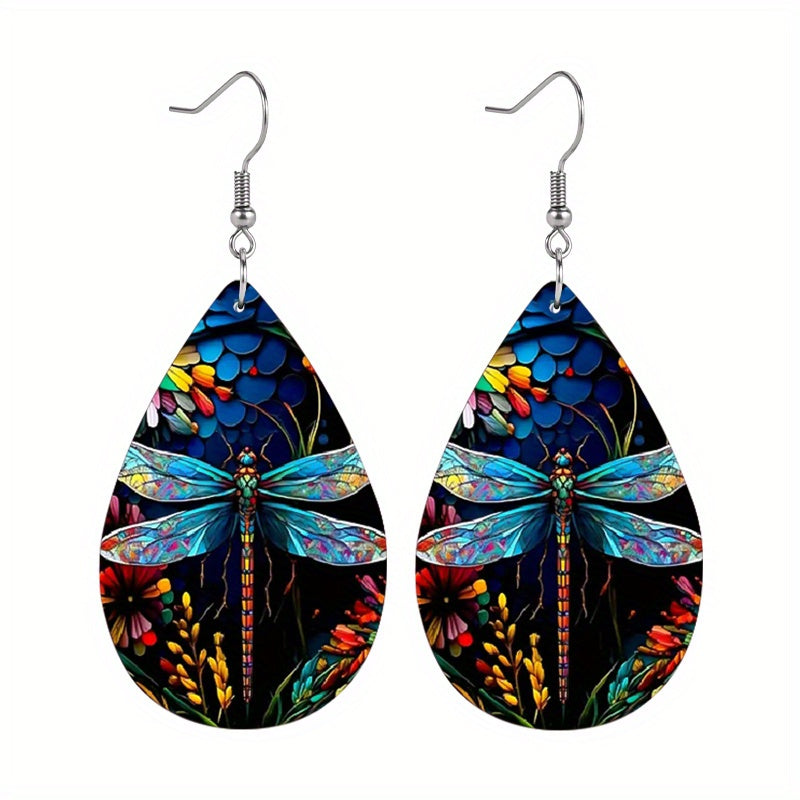 TEMU Vibrant Dragonfly Pu Leather Drop Earrings For Women – Lightweight, Dangle Jewelry With Stainless Steel Hooks, Casual Attire Or Gifting, Casual