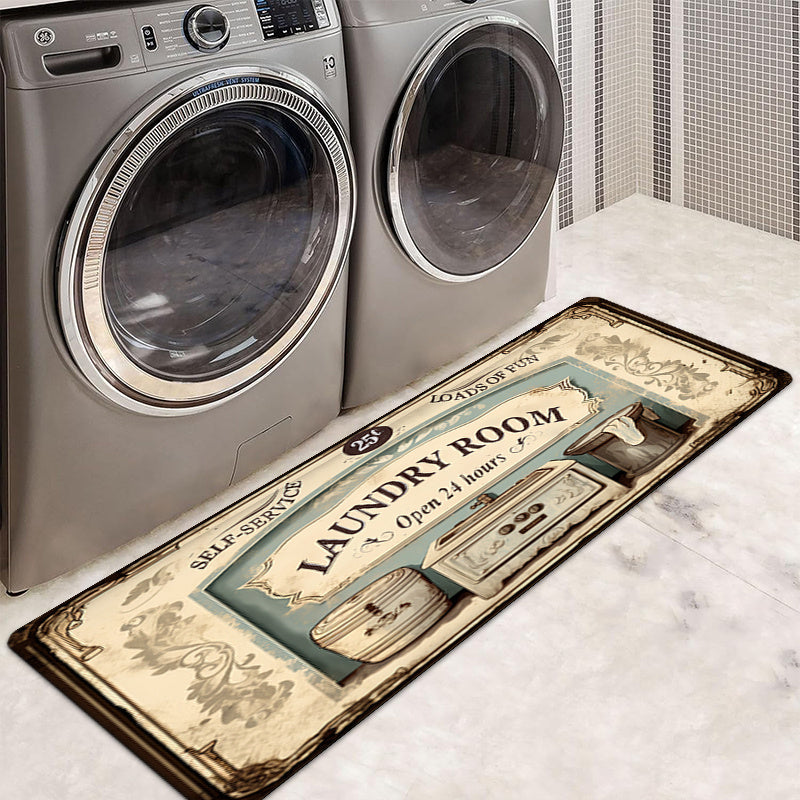 TEMU 1pc Room Mat - Soft, Absorbent, Non-slip Flannel Floor Mat With "laundry Room Open 24 Hours" Design, Beige & Brown, Home Decor In Living Room,