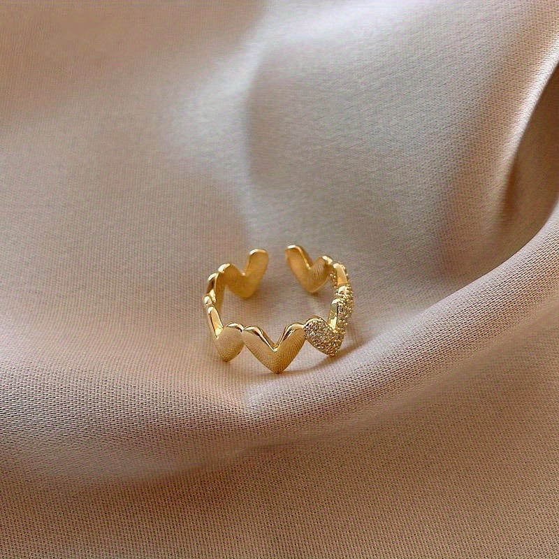 TEMU Adjustable Ring - Minimalist Golden-tone Jewelry With Intricate Detailing, Lightweight For Casual Attire & Special Occasions, Heart Jewelry,