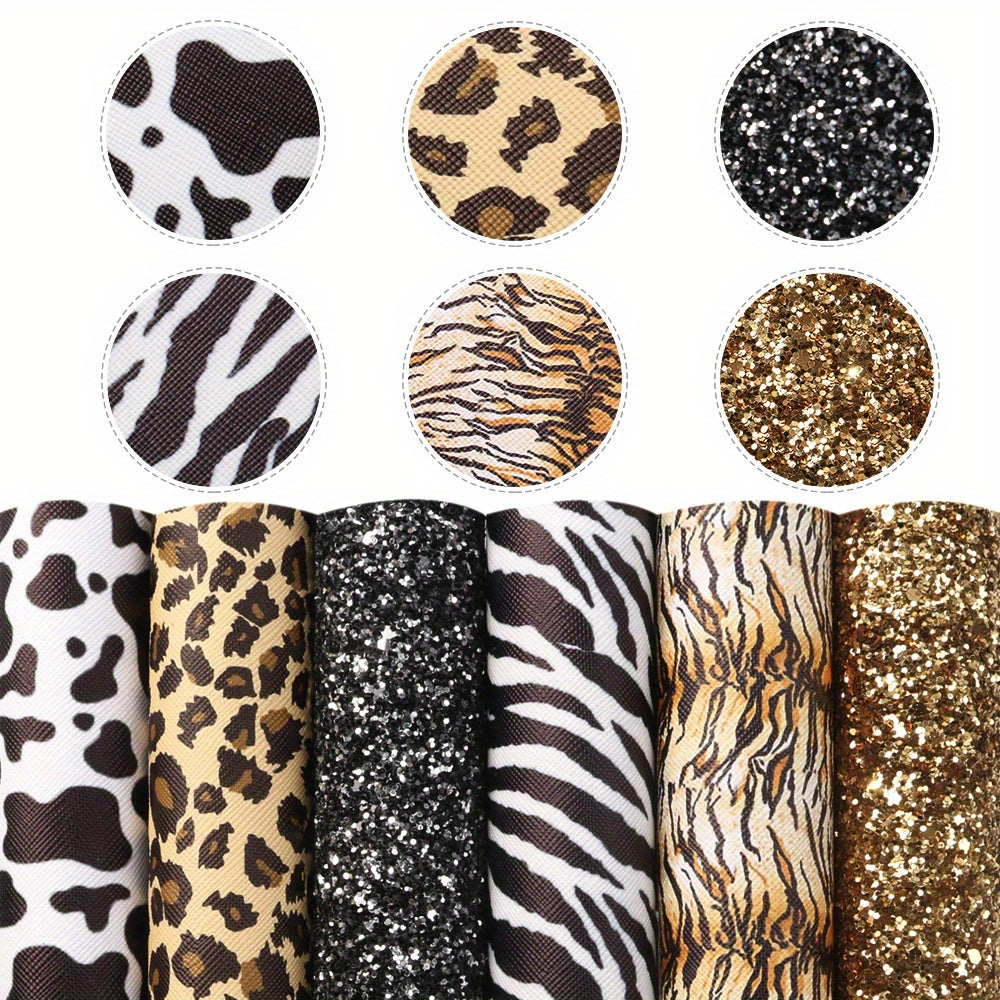 TEMU 6pcs-set Zebra Stripe Leopard Chunky Glitter Synthetic Leather 7.7*12.9inch Fabric Sheets For Diy Bows, Waist Belt, Earrings, Handbag, Phone