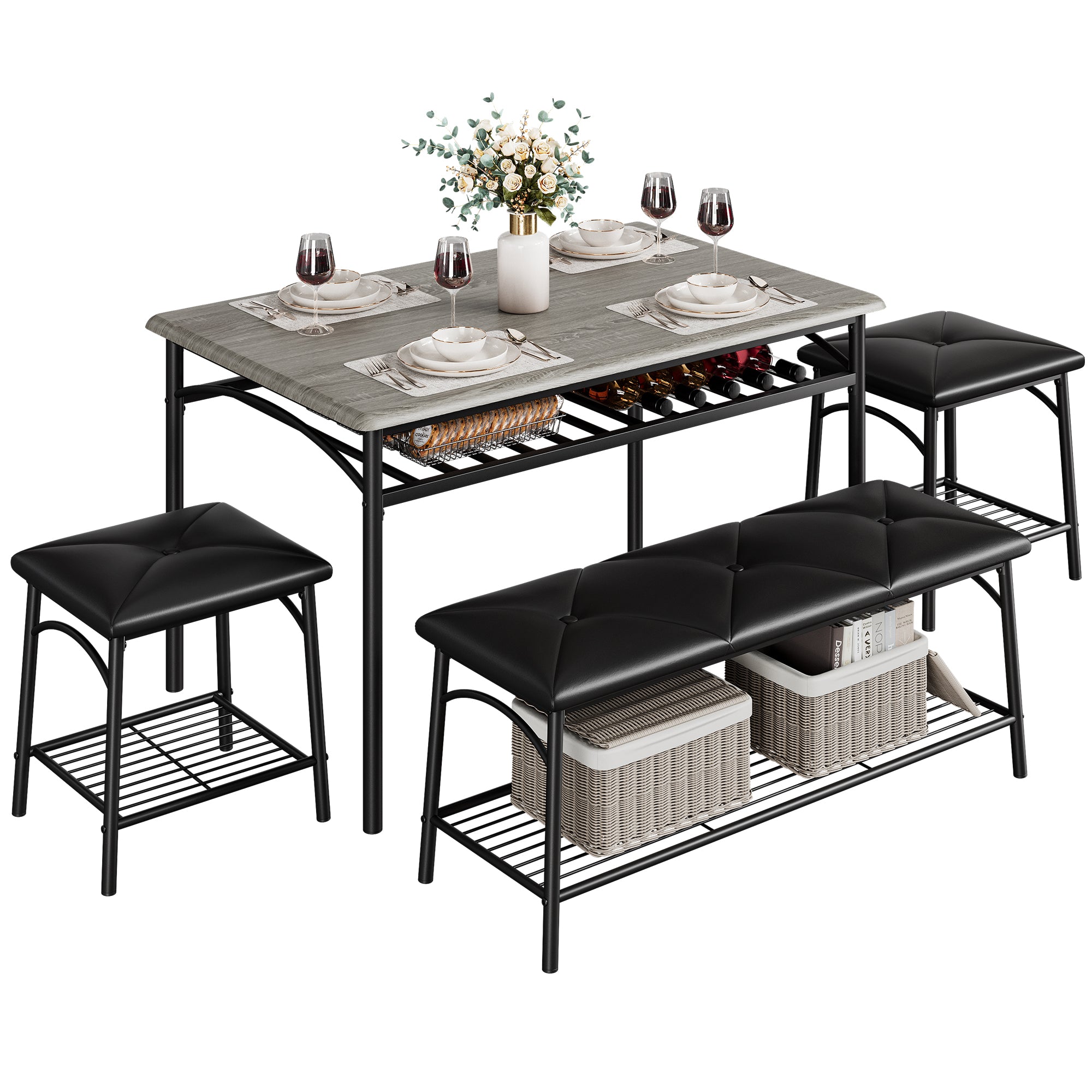 Garvee Kitchen Dining Room Table Set with Upholstered Bench and Square Stools, Metal and Wood Dining Table Set for 4 with Storage for Small Space, Gre